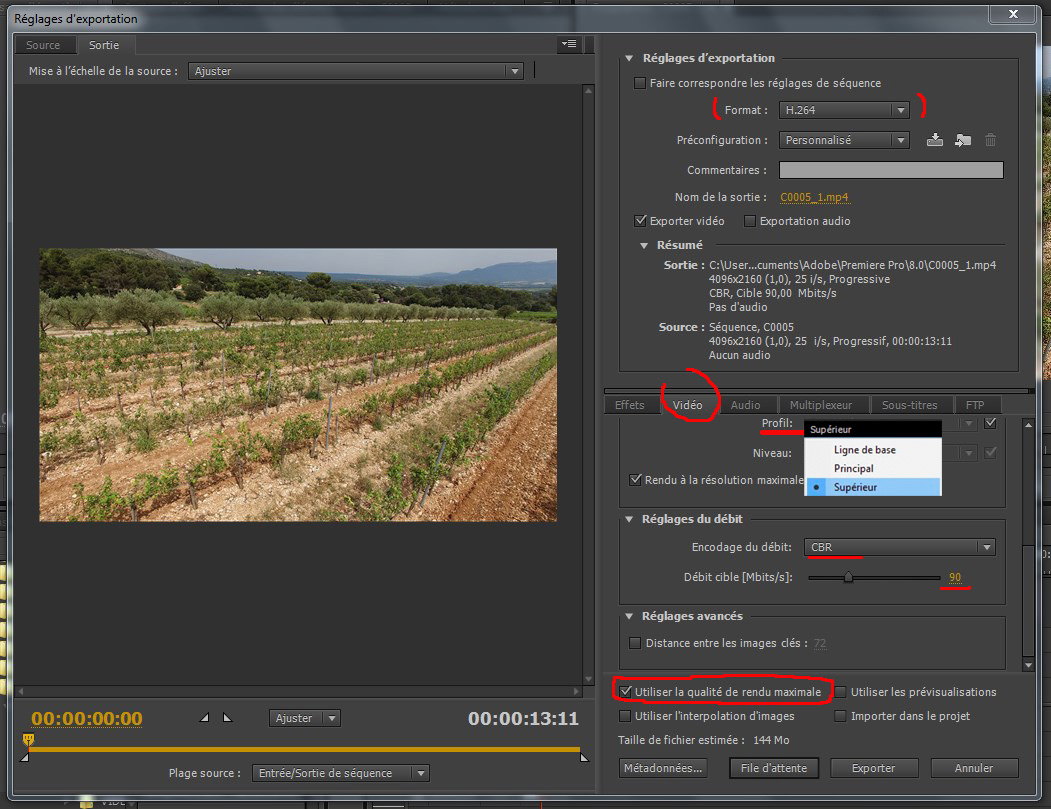 Premiere Réglages Export H264